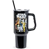 Silver Buffalo Star Wars Chewbacca, Yoda, R2-D2, C-3PO, Princess Leia, Han Solo, Luke Skywalker Double Walled Stainless Steel Tumbler with Handle and Straw, Fits in Standard Cup Holder, 40 Ounces