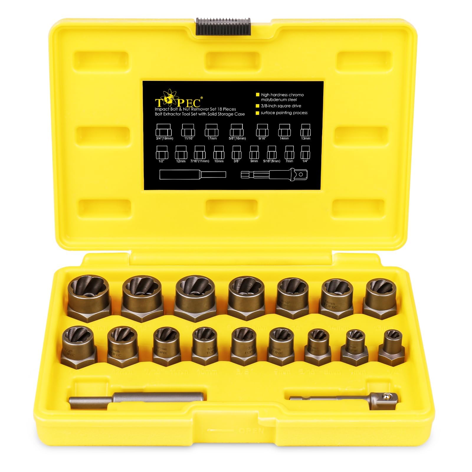 TOPEC 18-Piece Bolt Extractor Set, Rounded Bolt Remover Tool, Impact Bolt & Nut Extractor Set, 3/8" Drive Bolt Extractor Kit, for Removing Stripped, Damaged, Frozen, Rusted, Rounded-Off Bolts & Nuts
