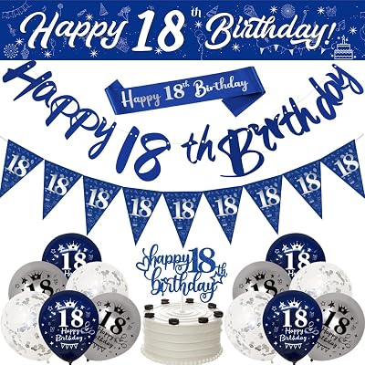 Yontree 18th Birthday Decorations Blue Silver Banner Cake Topper Sash