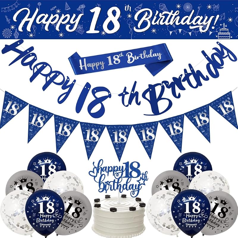 Yontree 18th Birthday Decorations Blue Silver Banner Cake Topper Sash