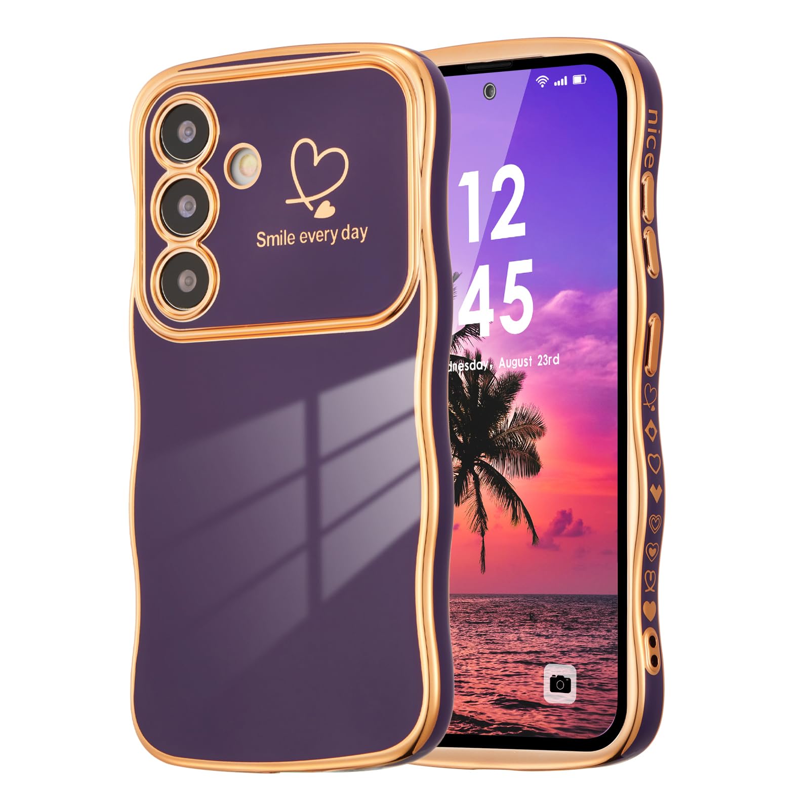 DEFBSC Case for Samsung Galaxy S24 Case, Curly Wave Shape Plating Frame Cute Love Heart Cover for Girls Women, Full Camera Lens Protection Soft Durable TPU Shockproof Bumper, Dark Purple