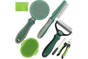 KUEIOX Pet Grooming Kit - 7 PCS Green Deshedding Brush Set with Undercoat Rake, Slicker Brush, Bath Brush & Nail Clipper for Short & Long-Haired Dogs and Cats