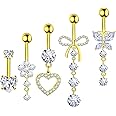 BSJ4U Belly Button Ring Dangle Navel Belly Piercing Jewelry Cute Pink CZ Heart Butterfly Bow Flower Navel Belly Rings for Women 14G Silver Stainless Steel Dainty Dangly Dangling Belly Button Piercing