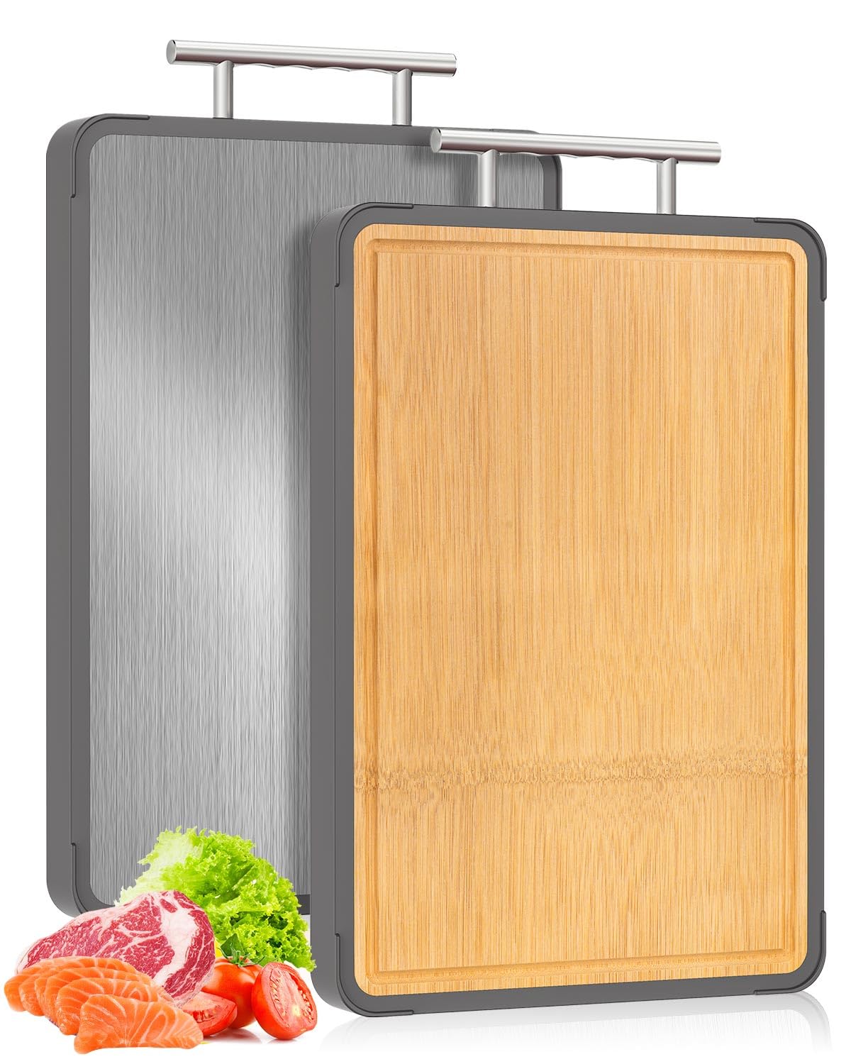 Photo 1 of Cutting Boards for Kitchen - Food Grade Double Sided Pure Titanium& Bamboo Chopping Board with Handle, Slip resistant Non-toxic Charcuterie Board Housewarming Gifts (16×11)