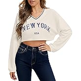 Remidoo Women's Embroidery Graphic Cropped Sweatshirt V Neck Loose Long Sleeve Crop Top