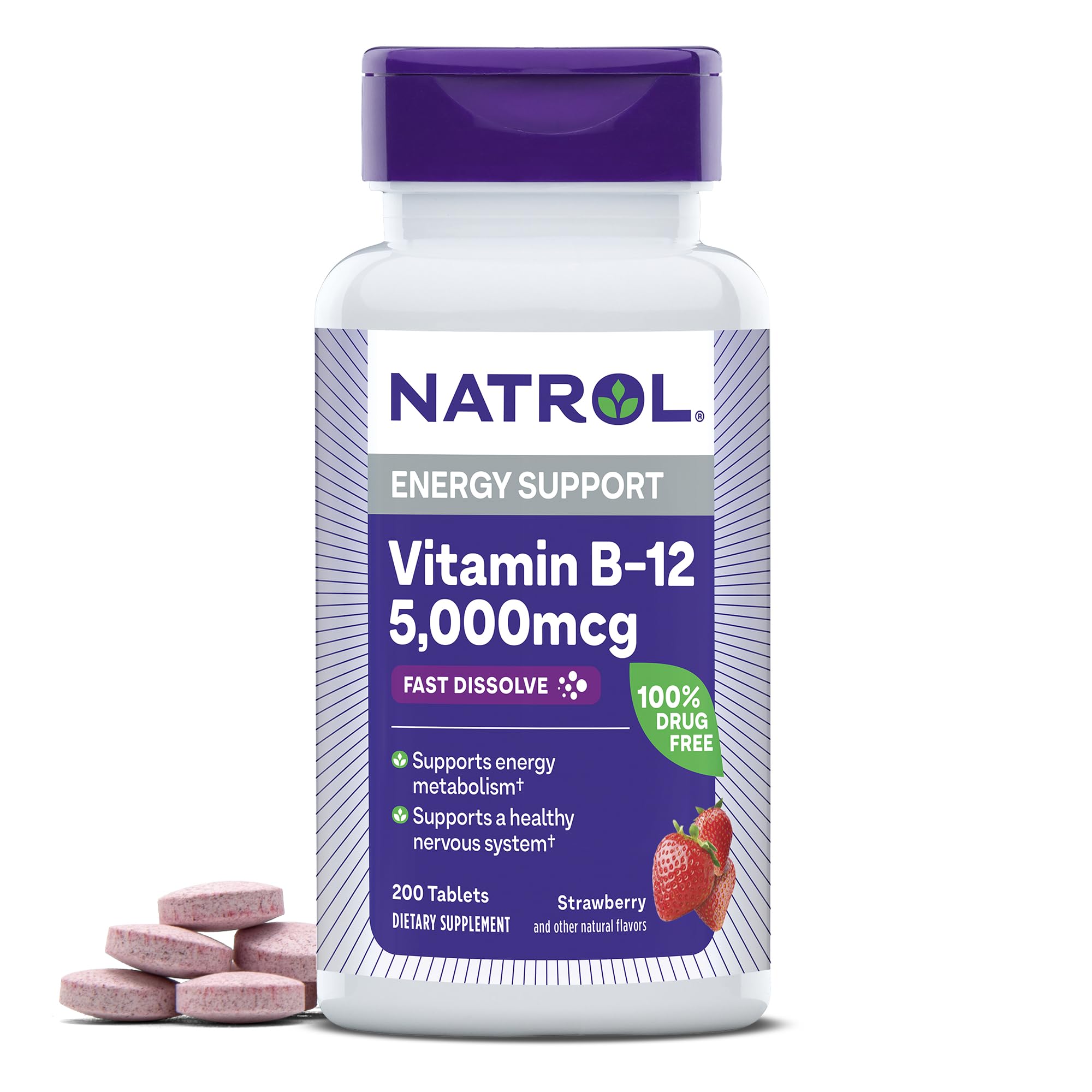 Photo 1 of Natrol Vitamin B12 5,000 mcg, Fast Dissolve Vitamin B12 Supplement Supports a Healthy Nervous System and Energy Metabolism, 200 Tablets, Up to a 200 Day Supply