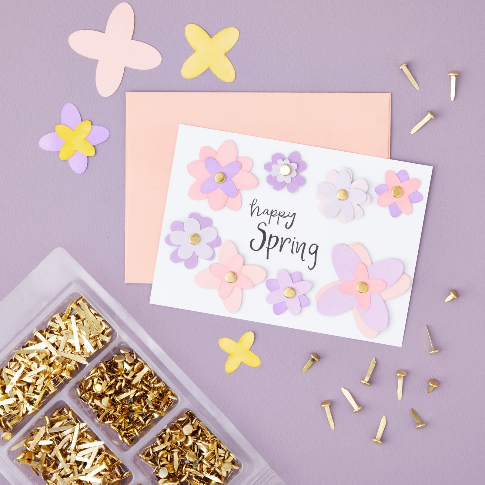 Juvale Mini Flat Head Paper Brads for Crafts - 500 Piece, 5 Sizes (0.37-1 in), Gold Brass Split Pins - Assorted Paper Fasteners & Brad Pins with Foldable Backs