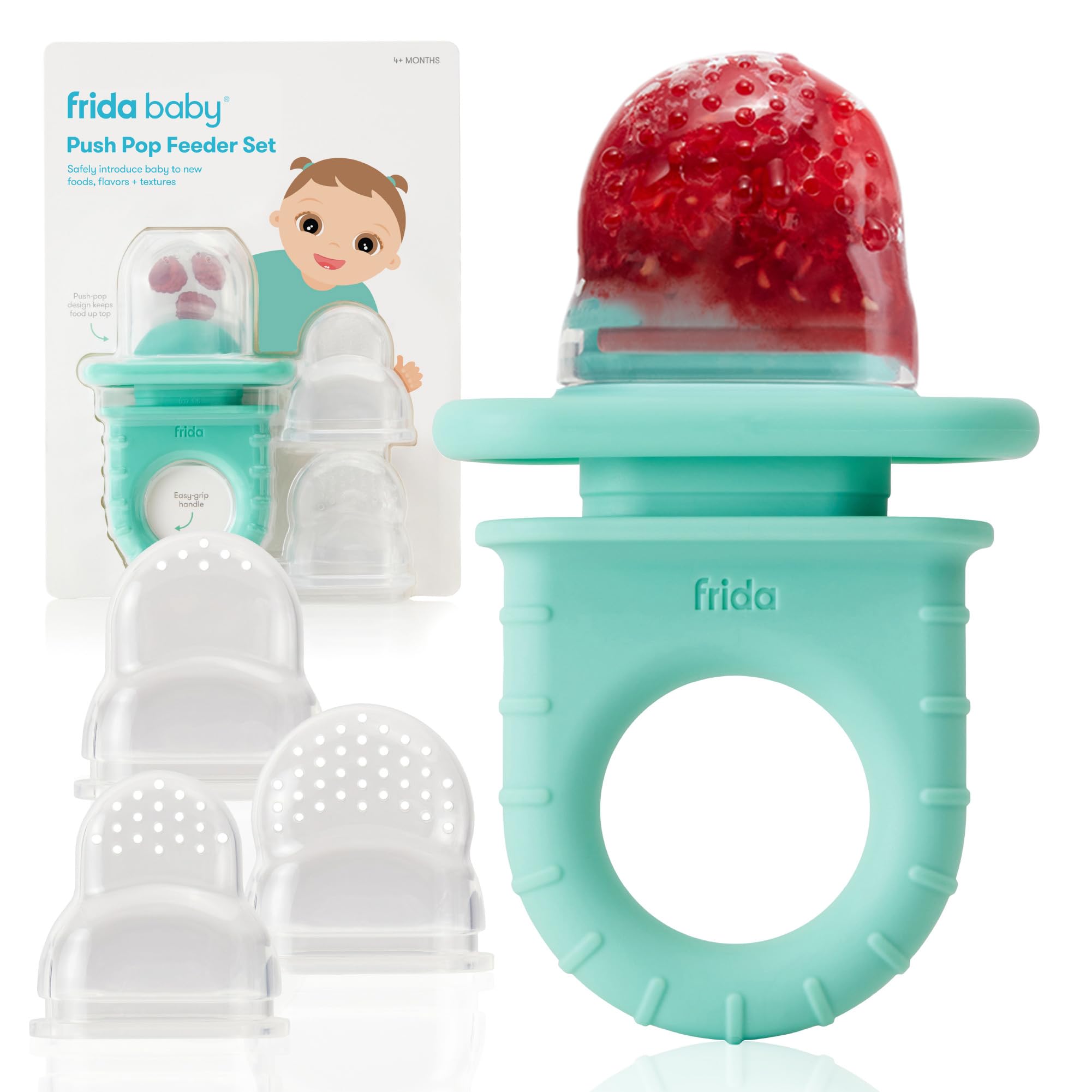 Photo 1 of Frida Baby Push Pop Silicone Feeder, Baby Fruit Food Feeder to Safely Introduce New Foods, Fresh + Frozen, Breastmilk Popsicles, BPA Free, Dishwasher Safe | 3 Count, Teal