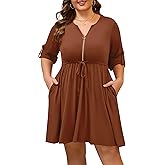 Manllenshie Womens Plus Size Dress Casual Roll up 3/4 Sleeves Zipper V Neck Tie Waist Flowy Loose Dresses with 2 Pockets