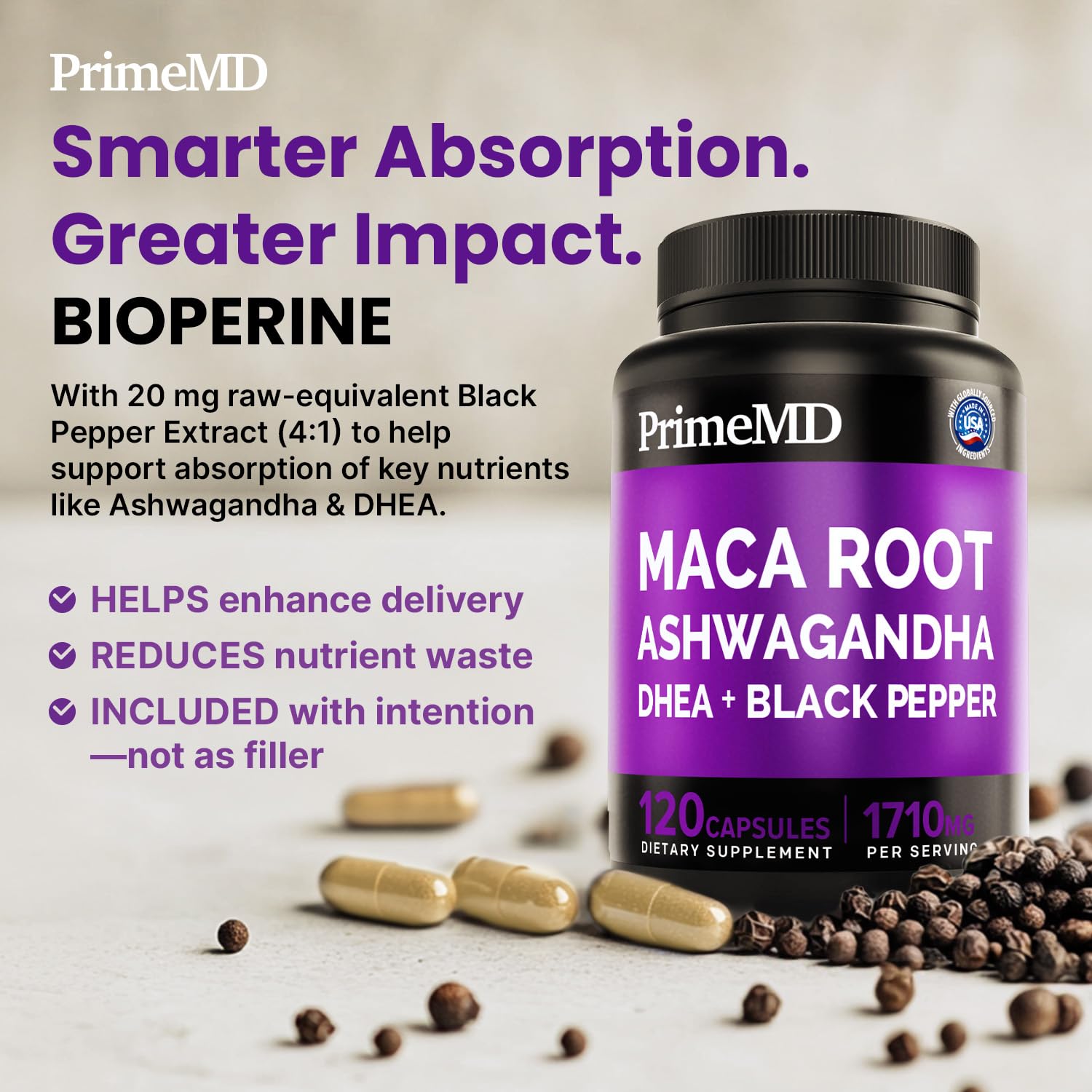 6-in-1 Organic Maca Root Ashwagandha Capsules 1710mg with DHEA and Black Pepper Fruit Extract for Women and Men - Black Maca Supplement for Stamina, Bone and Mood Support Supplement, 120 count