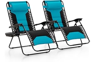 MAISON ARTS Oversized Zero Gravity Chairs Set of 2, Folding Padded Recliner Anti Gravity Lounge Chair with 28" Wide Seat and Cup Holder, Support 400lbs, Aqua