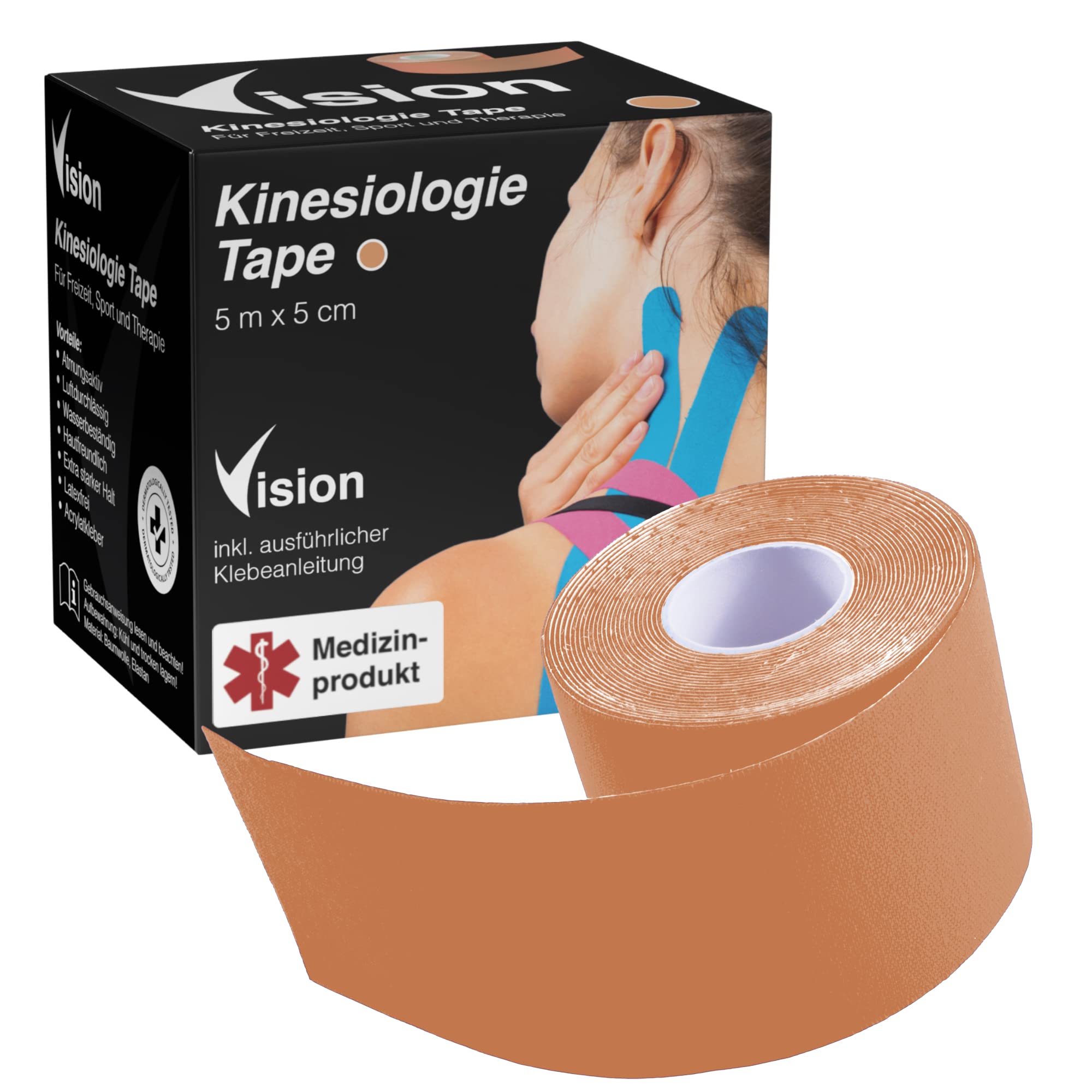 Vision Kinesiology Tape, Skin Colours, 5 m x 5 cm, Certified Medical Device, Waterproof & Breathable, Extra Strong Hold for up to 7 Days, Sports Tape for Knee, Shoulder, Neck, Latex-Free