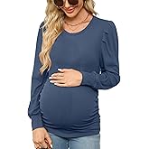 Onedreamer Women's Maternity Shirts Puff Sleeve Round Neck Tunic Top Casual Pregnancy Clothes