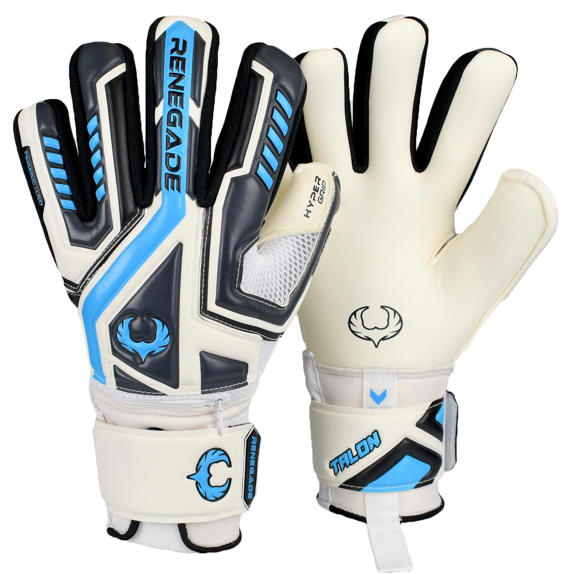 Renegade GK Talon Cryo Goalie Gloves with Pro-Tek Fingersaves | 3.5+3mm Hyper Grip & 4mm Duratek | White, Gray, Blue Goal Keeper Gloves (Size 10, Adult, Mens, Negative Cut, Level 2)