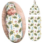 Cute Turtle Baby Stuff Swaddle Blankets Beanie Hat Sets, Soft and Stretchy Newborn Blanket Swaddle Sack for Baby Shower Infant Boy and Girl