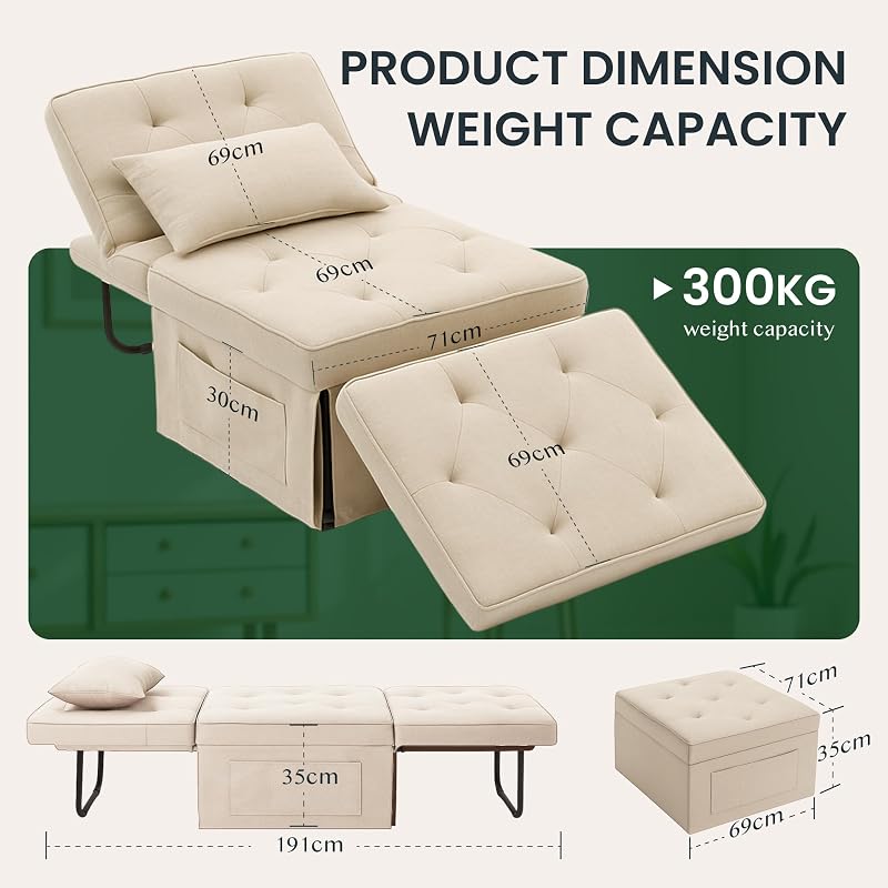 Poltrona Relax Pieghevole 3 in 1, Sedia a Sdraio Trasformabile con Funzione Letto, Portata 300 kg,Beige, 72×69×35 cm