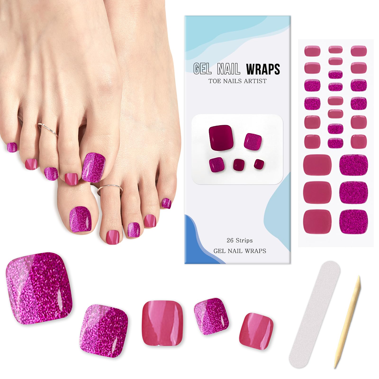 26Pcs Semi Cured Gel Nail Strips Pedicure Stickers, Purple Magic Glossy Toe Nail Polish Wraps, Long Lasting Salon Quality Gel Toeail Strips with Prep Pads, Nail File & Wood Stick, UV/LED Lamp Required