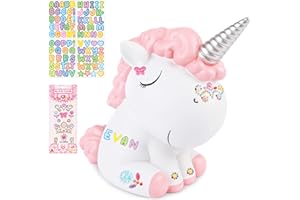 Briuhap Unicorn Piggy Bank Girls, Unbreakable Plastic Kids Piggy Bank with DIY Alphabet & Rhinestone Stickers, Practical Gift