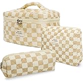 3Pcs Cotton Quilted Makeup Bag Set,Large Floral Cosmetic Bag，Aesthetic Toiletry Travel Makeup Bag Set and Cute Flower Bag for Women Girls (White Brown Plaid)
