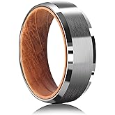 JEWPER Tungsten Rings for Men Womens 8mm Black Silver Fashion Promise Wedding Band Carbide Inner Hole Inlaid Whiskey Barrel Wood Chamfer Frosted Matte Finish Edge Comfort Fit size 7-12