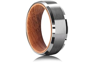 JEWPER Tungsten Rings for Men Womens 8mm Black Silver Fashion Promise Wedding Band Carbide Inner Hole Inlaid Whiskey Barrel Wood Chamfer Frosted Matte Finish Edge Comfort Fit size 7-12