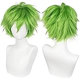ANOGOL Hair Cap + Short Golden Green Men's Cosplay Wig Short Light-green Synthetic Wig for Halloween Christmas Event Costume Party Anime Outfit Green Cosplay St. Patrick's Day Wigs