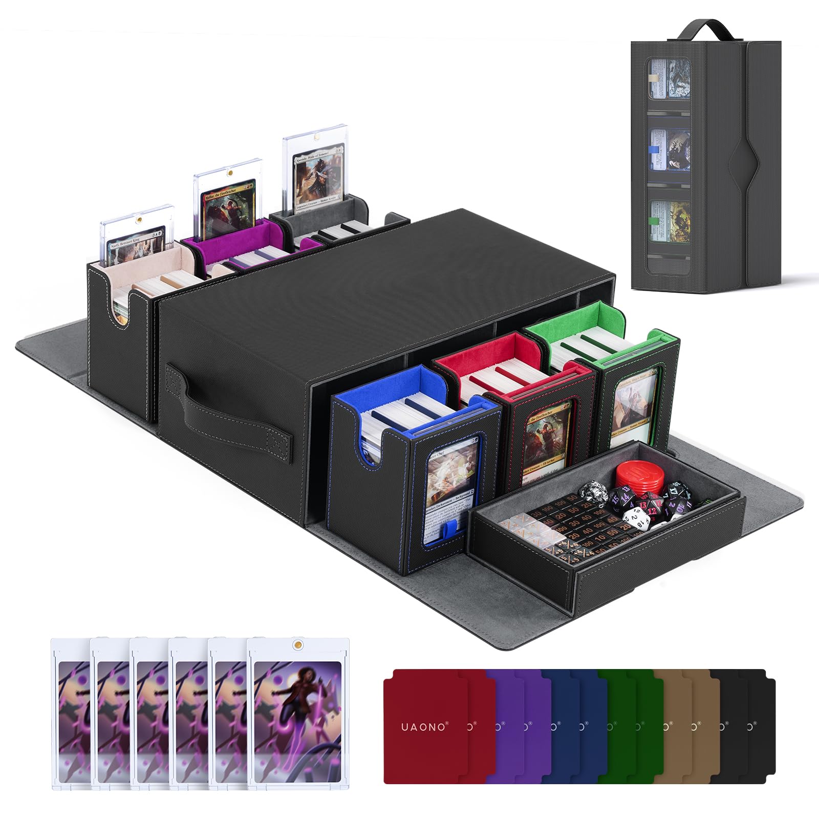 UAONO Commander Deck Box for MTG, 6-Deck Modular Card Case with Dice Tray Hold 600+ Double-sleeved Cards, Removable Trading Cards Storage Box with 35PT Magnetic Card Holders for TCG, Multicolour