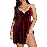 WDIRARA Women's Plus Size Lace Trim Velvet Nightgowns Slip Dress V Neck Nightdress Chemise Sleepwear