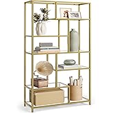 VASAGLE Bookshelf, 6-Tier Tall Bookcase, Display Shelf, Plant Stand, 11.8 x 31.5 x 70.9 Inches, Tempered Glass, for Study, Office, Living Room, Bedroom, Kitchen, Metallic Gold ULGT502A01