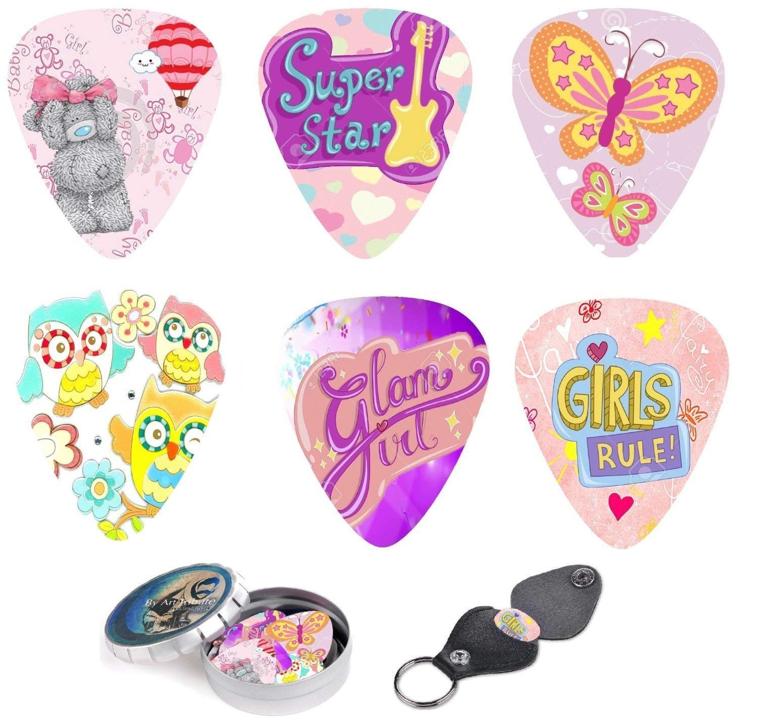 Girly Guitar Picks Premium Gift Set For Daughter,Granddaughter, Girls & Kids. 12 Medium Celluloid Picks Complete W/Sleek Tin Box & Pick Holder, Colorful Designs Best Holiday, Birthday Present