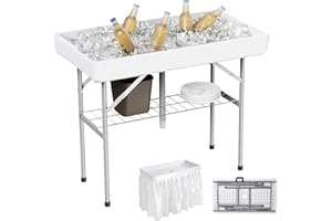 Allpop 4 Foot Folding Ice Cooler Table with Matching Skirt, Portable Patio Table with Grid Rack & Drain Hose for Party Bar Picnic BBQ Camping Wedding, White