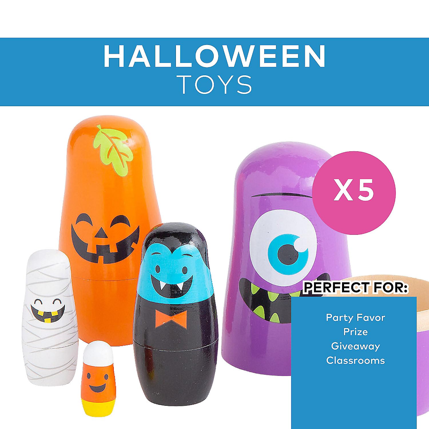 Fun Express Halloween Nesting Dolls - Russian Matryoshka Style Wooden Stacking Dolls Set of 5 | Kids Halloween Decor & Educational Nesting Toys for Toddlers 1-3 | Small Dolls for Girls & Boys Gift