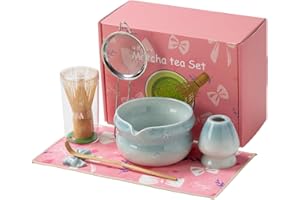 DWEHIXBUY Matcha Kit 7-Pcs matcha whisk set, Measuring Spoon, Japanese Tea Making Tools,Cha, tea bowl, pink matcha set (light