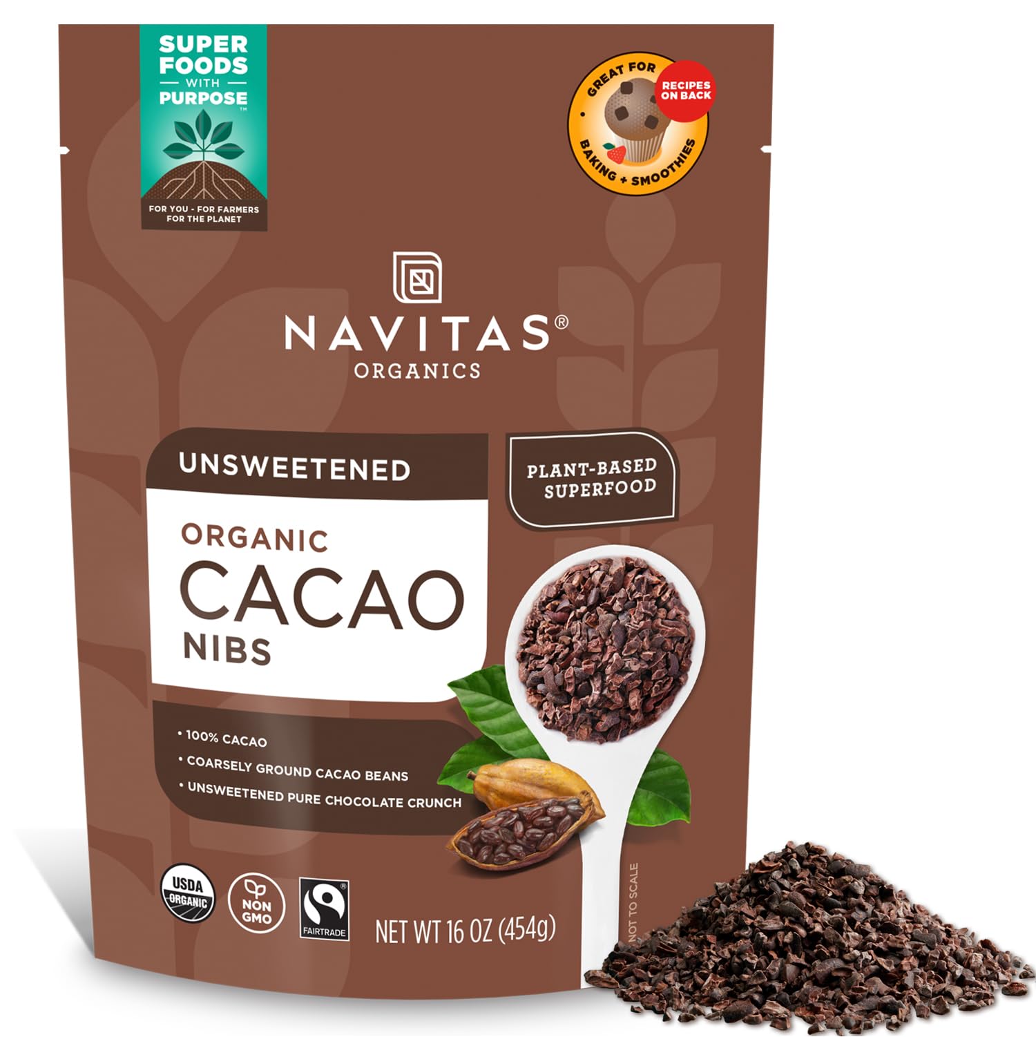 Navitas Organics Cacao Nibs – Unsweetened Dark Chocolate Crunch – Antioxidants, Minerals, Fiber – For Trail Mix, Baking & More – USDA Organic, Fairtrade, Non GMO, Gluten Free, Non-alkalized (16oz. Bag 151 Servings)