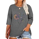 Chulianyouhuo Plus Size Tops for Women Cute Graphic Tees 3/4 Sleeve Flower Print Loose Fit Summer Casual T Shirts