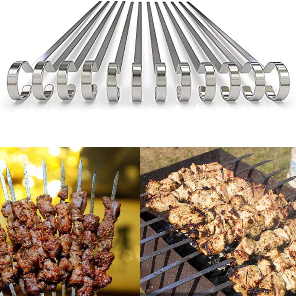 Ram® Kebab Vegetable Skewers 12-inch Flat Stainless Steel Skewers Grilling BBQ Stick Skewers Set of 12