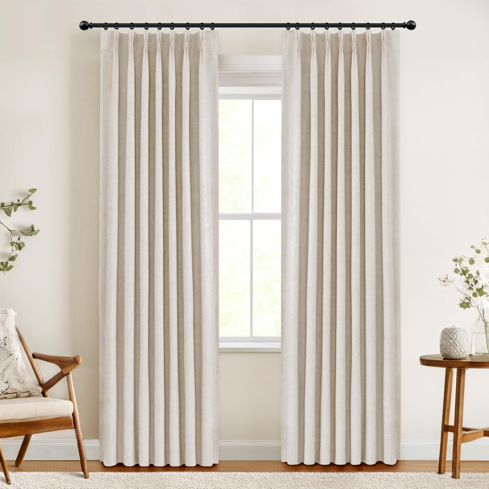 Photo 1 of 100% Blackout Shield Linen Pinch Pleated Curtains Blackout, Pleated Drapes with Hooks 102 Inch Long 2 Panels Set, Linen Blackout Curtains for Bedroom & Living Room, 40" W x 102" L, Cream