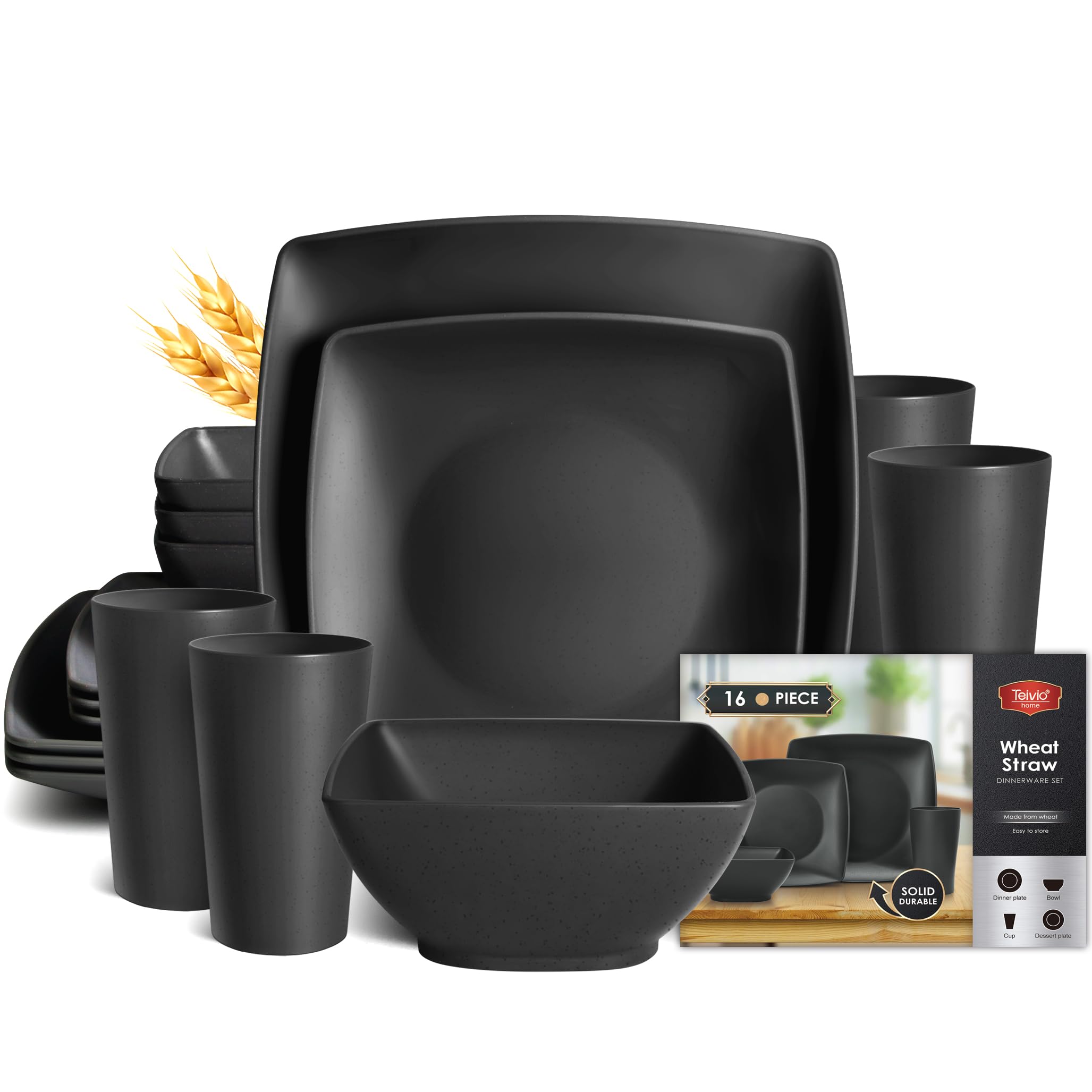 Photo 1 of Teivio 16-piece Plastic Wheat Straw Square Dinnerware Set for 4, Unbreakable Dinner Plates, Salad Plates, Snack Bowls, Tumblers 13.5 oz, Dishwasher Safe, Kitchen Outdoor Camping,Black