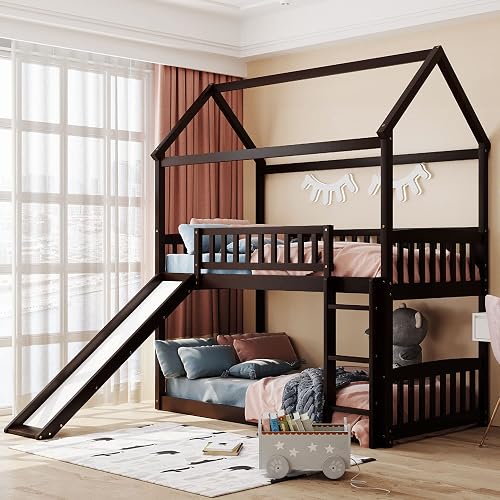 GINGVAT Twin Roof Design,Wood House Bunk Bed with Ladder and Slide,for ...