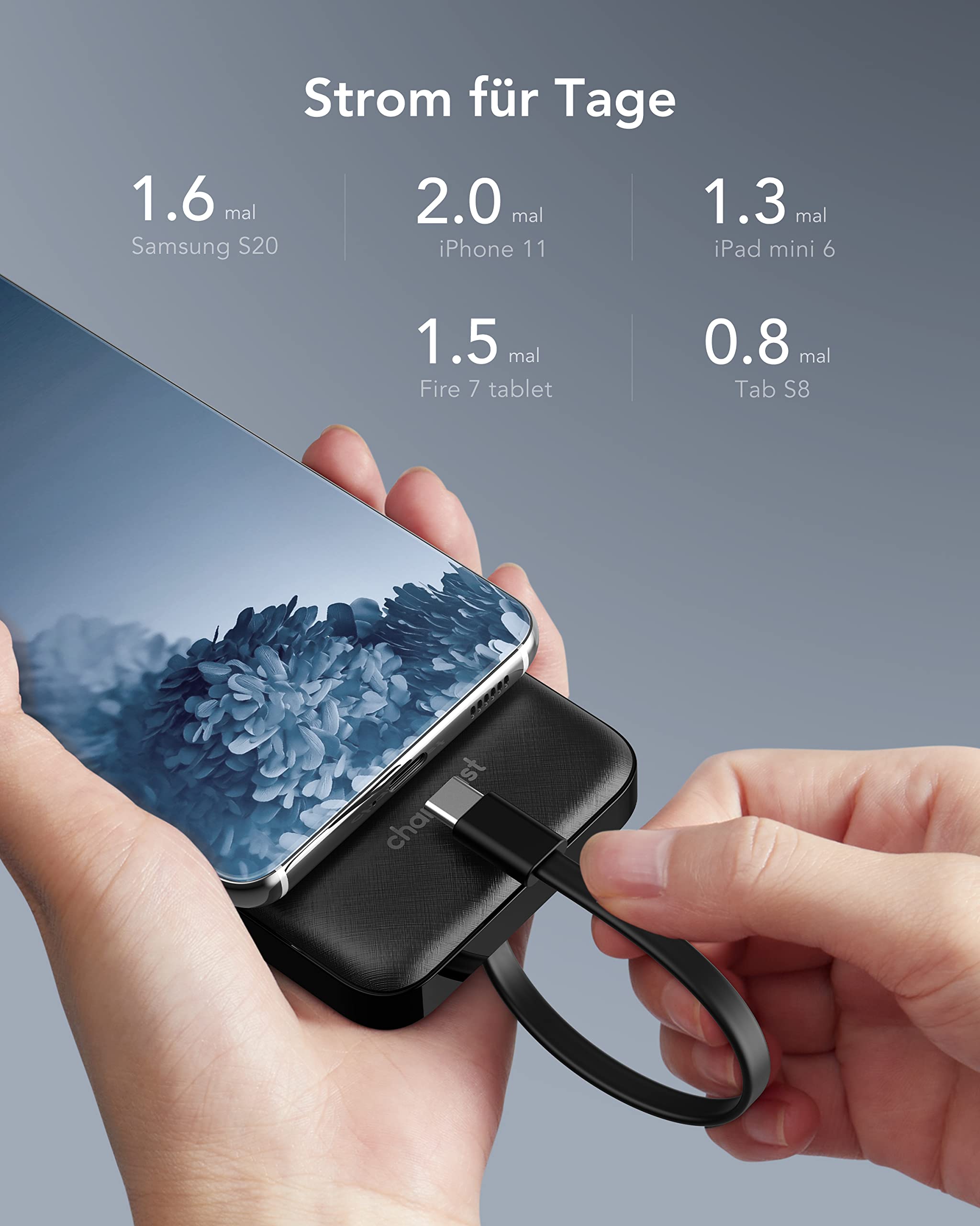 Charmast Power Bank, Slim 10000mAh Powerbank mit 4 Kabel und LED-Display, 6 Ausgängen Klein Aber Stark USB C Externe Handyakkus Kompatibel mit iPhone 17 16 15 14 13 12 11 Pro Max Plus Samsung Tablet 4