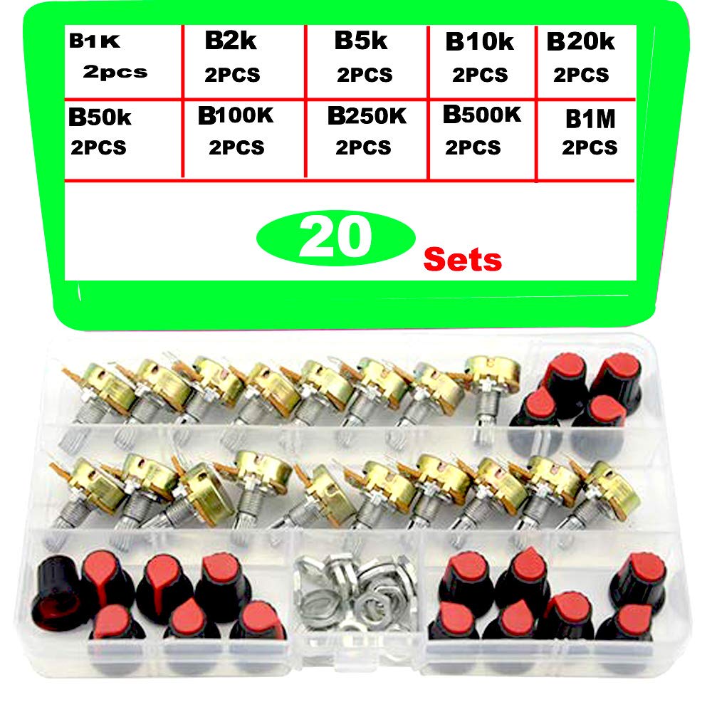 RUNCCI-YUN 20Pcs Linear Taper Rotary Potentiometer, 3 Terminal Single Linear Potentiometer Pot ReplacementsB1K B2K B5K B10K B20K B50K B100K B250K B500K B1M WH148 3Pin 15mm Shaft with Nut and Washer