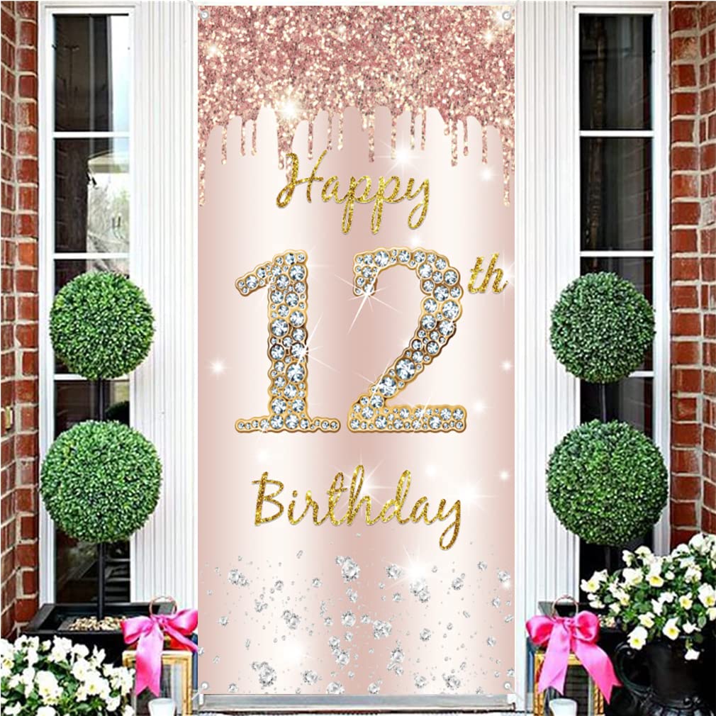 12th Birthday Decoration for Girls, Happy 12th Birthda y Backdrop Banner Rosegold Fabric Sign Poster, Girl Years Old Door Banner Party Welcome Sign Photo Background