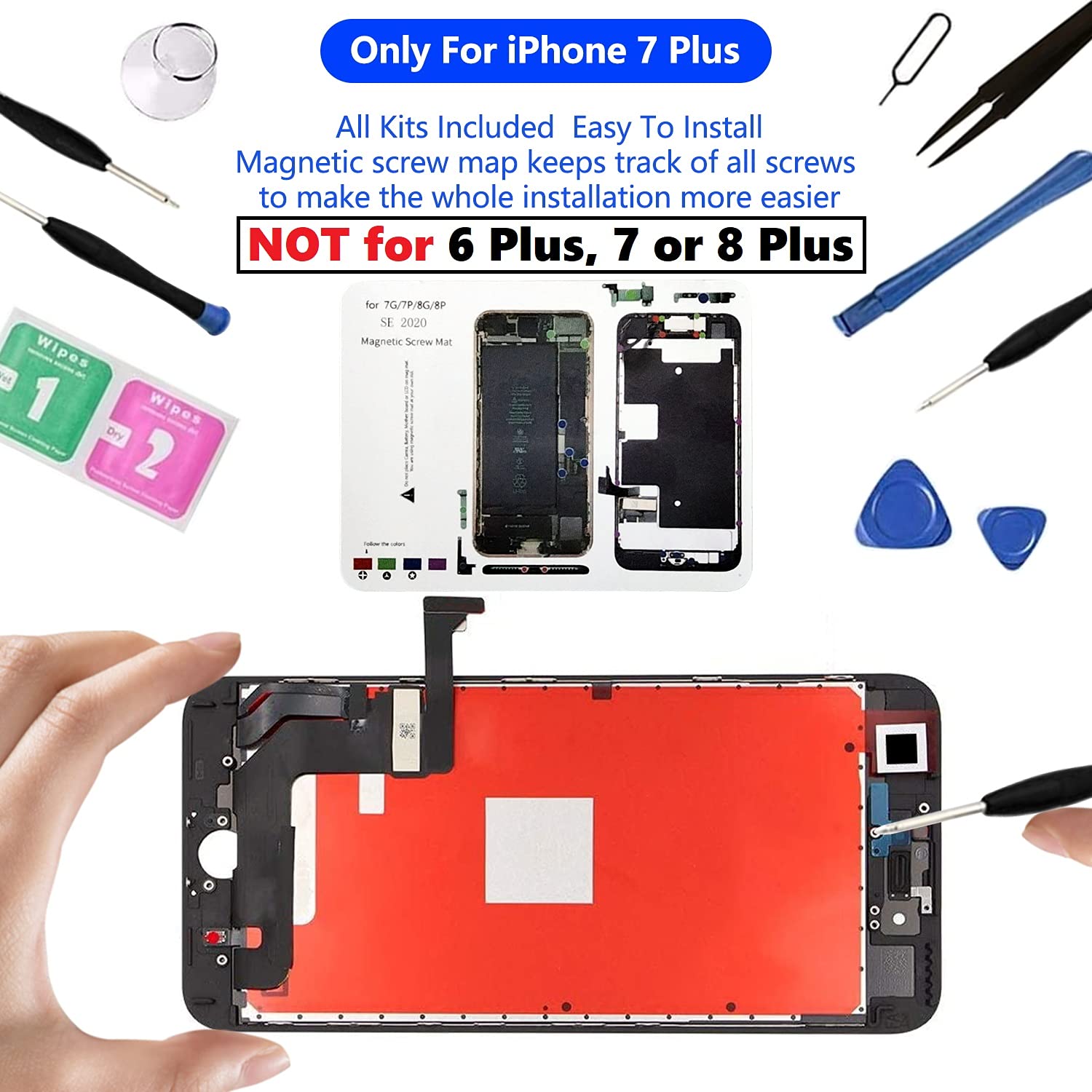 for iPhone 7 Plus Screen Replacement 5.5 Inch Black, Diykitpl 3D Touch LCD Screen Digitizer Replacement for A1661,A1784,A1785, with Repair Tools Kit+Waterproof Frame Adhesive+Screen Protector