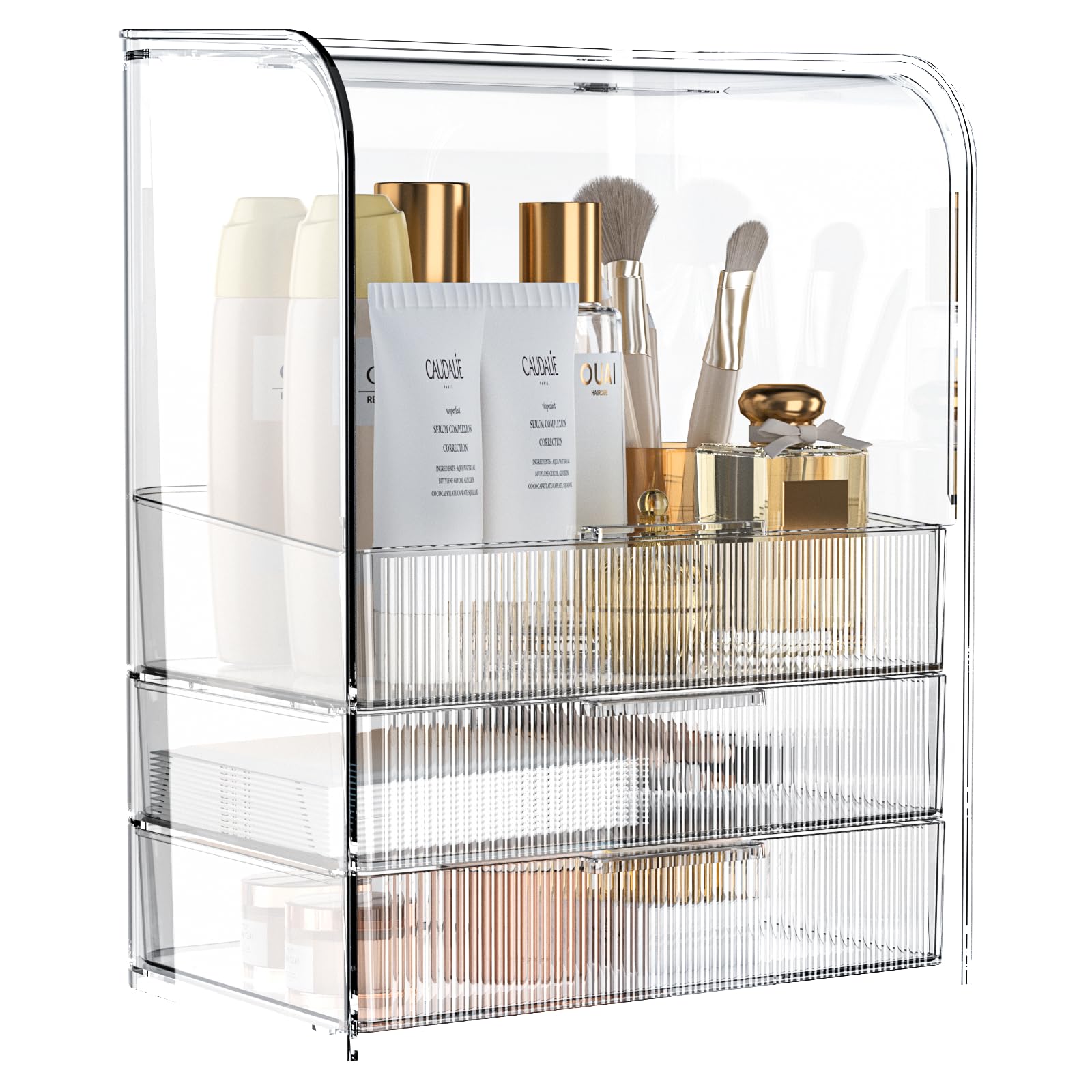 Photo 1 of GearFusion 3 Tier Clear Cosmetic Organizer, Makeup Display Case with Lid & Drawers, Countertop Dresser Vanity Storage Box, Beauty Holder for Skincare Lipstick Brush