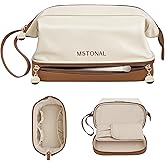 MSTONAL Travel Makeup Bag, Large Capacity Double Layer Cosmetic Bags for Women, Waterproof Portable Make Up Skincare Pouch with Makeup Brush Organizer, Toiletry Bag for Essentials, Beige & Brown