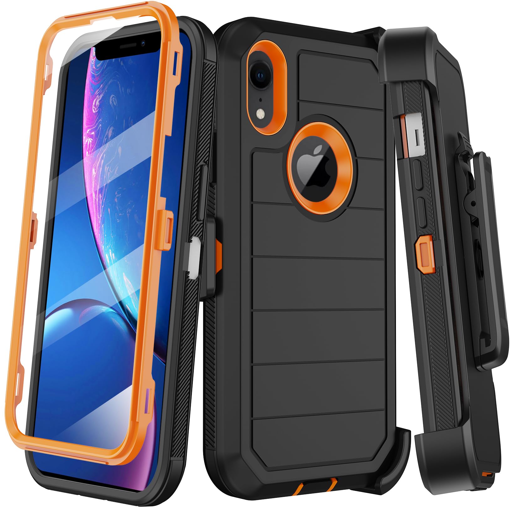 KECAI for iPhone XR Case with Built-in Screen Protector,Belt Clip Holster,Heavy Duty Shockproof Drop Protection Military Grade Rugged Full Body Durable Phone Cover with Kickstand (Black Orange)