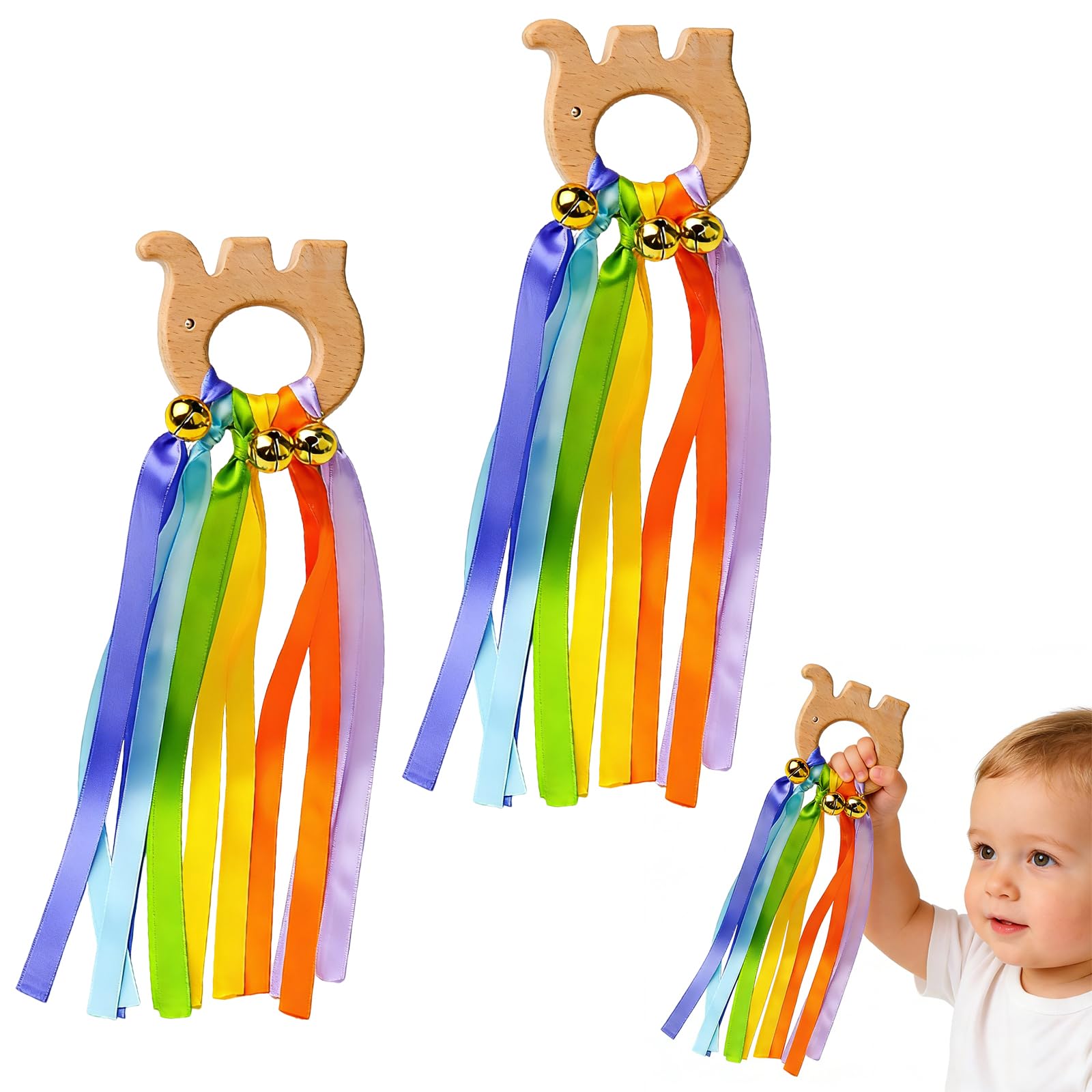 CutitiUU 2PCS Baby Wooden Sensory Rattle Toys,Montessori Rainbow Ribbon Rattle Toys with Bells,Sensory Wooden Ring Toy,Interactive Games Playing and Crawling for Infants,Newborn,Toddlers (Elephants)