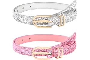 AWAYTR Kids Leather Belts for Girls - 2 Pack Toddler Girls Skinny Leather Belts for Jeans with Gold Buckle