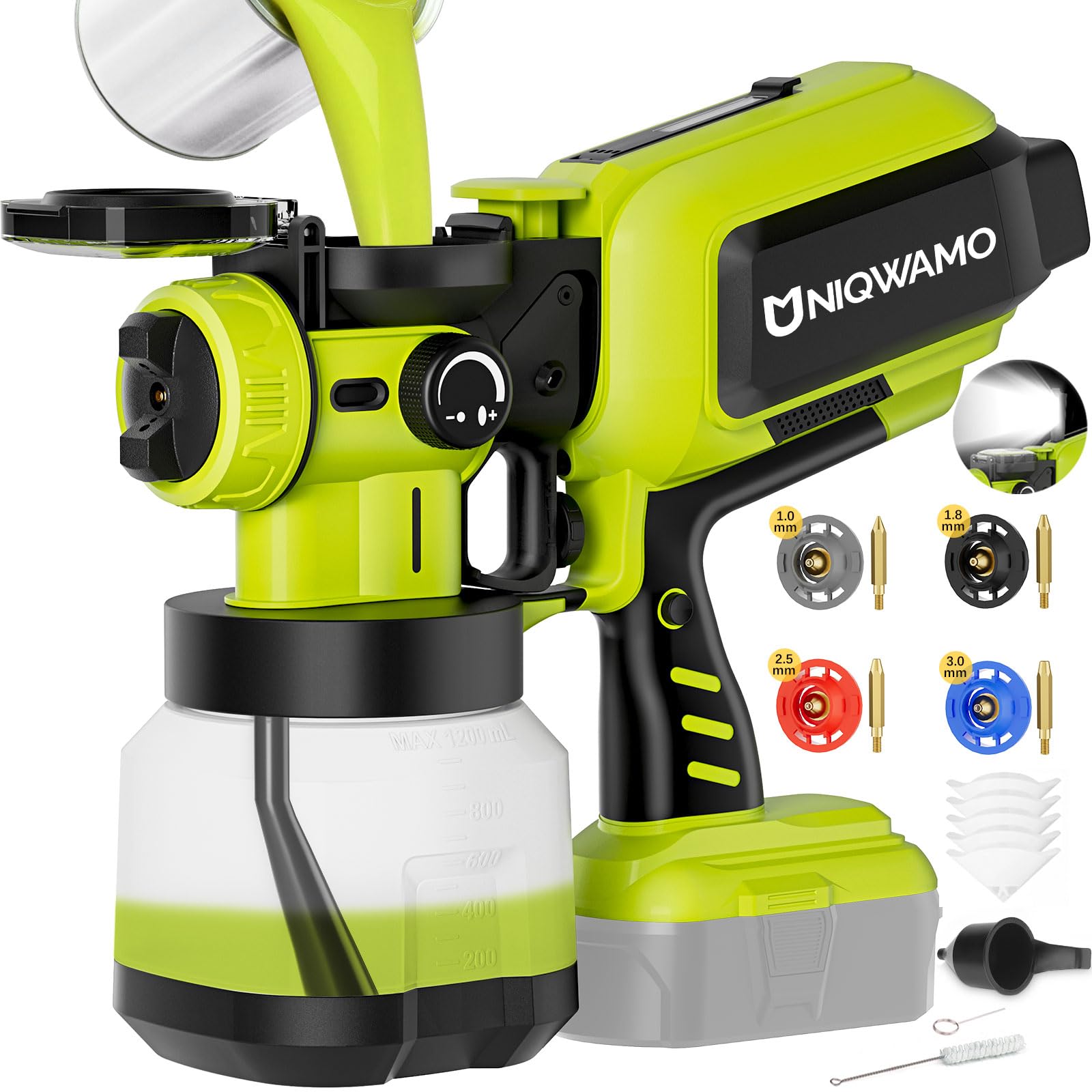 Photo 1 of Paint Sprayer Cordless Compatible for Ryobi 18V Battery, 70000PRM Electric Paint Sprayer for Furniture Fence Cabinets Wall Deck House Painting, AUTO Spraying, 1200ml Container & 4 Nozzles (No Battery)