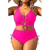 Women Plus Size Two Piece Swimsuit - Tummy Control Bikini Sexy Lace Up Bathing Suits Cutout Swimwear 2025